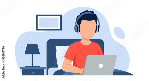 Person working on laptop in bed wearing headphones - perfect for blog posts about remote work, work from home, or online learning.