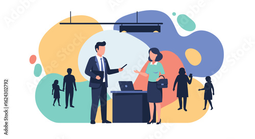 Business meeting illustration: a man presenting to a woman, ideal for presentations or marketing materials.