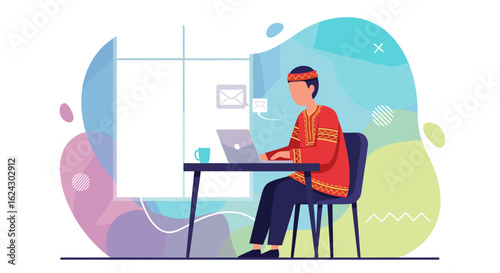 Person in Traditional Clothing Working on Laptop, Ideal for Diversity and Inclusion Campaigns