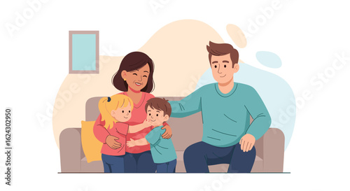 Happy family illustration: Parents and children embracing on a couch, perfect for family blogs, websites, and brochures.