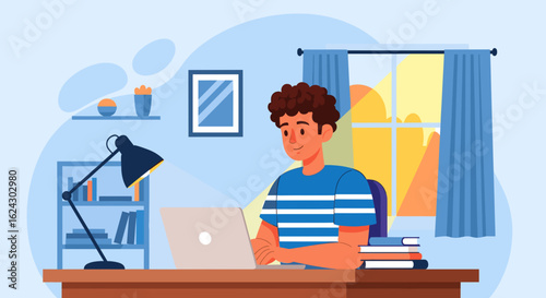 Young man working from home on laptop, perfect for remote work, online education, or freelance websites.