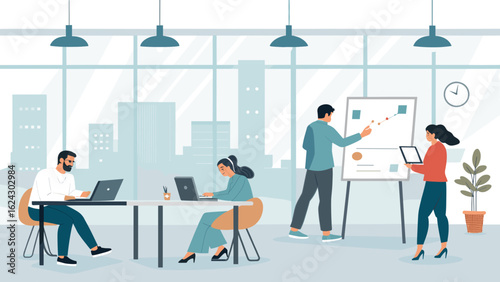 Modern office workers collaborating on a project, ideal for business websites and presentations.