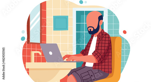 Bald man working on laptop in bathroom, perfect for articles on remote work or work-life balance.