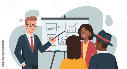 Diverse business team listening to a presentation with charts and graphs, ideal for website banners or marketing materials.