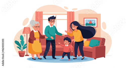 Happy multigenerational family gathering at home, perfect for family, togetherness, and generational connection themes.