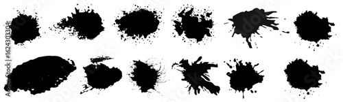 Ink splatter set, paint brush stroke kit, vector black grunge stain, graffiti texture liquid splash. Abstract dirty blob, messy shape drawing collection isolated on white. Ink splatter print element
