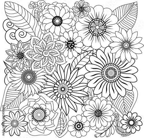Detailed line art floral pattern featuring diverse blooming flowers and leaves in black and white