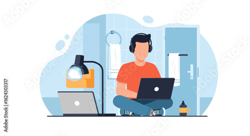 Person working from home on laptop in bathroom, perfect for remote work articles or blog posts.