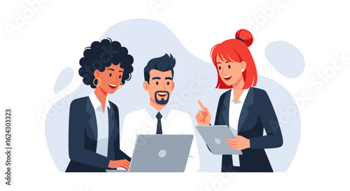 Diverse business team collaborating on laptop and tablet. Ideal for website banners, presentations, and marketing materials.