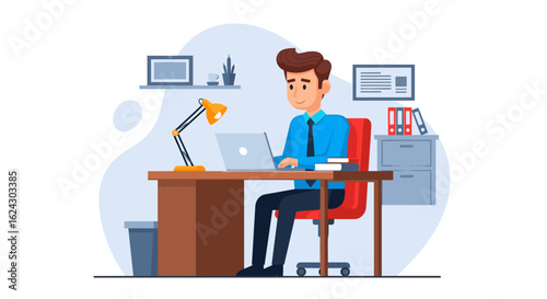 Businessman working on laptop at his desk, perfect for website banners or business presentations.