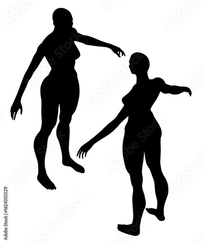 A female silhouette in elegant black and white contrast. Their flowing movements create a romantic atmosphere against a clean white background.