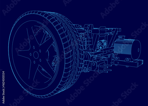 Blueprint of a car wheel on a blue background highlights the drive unit, module, and precise contour details. The technical drawing showcases the wheel's structure and mechanical components.