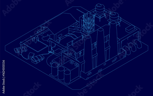 A low poly factory blueprint on a blue background displays intricate structural details and clean contour lines. The geometric design highlights industrial architecture with precision.
