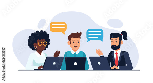 Diverse team brainstorming, collaborating on laptops. Ideal for websites, presentations, and marketing materials.