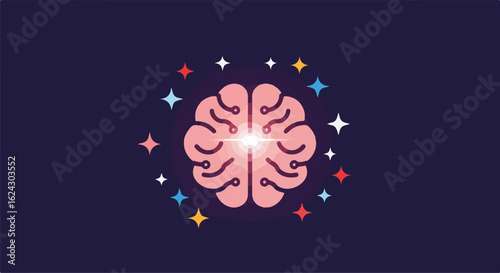 Glowing brain sparks among colorful stars on a dark background for education use