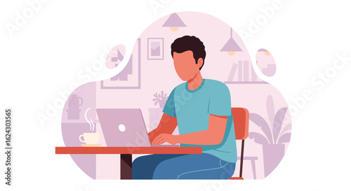 Man working on laptop in a cafe, perfect for websites and blogs about remote work, freelance, or coffee shop culture.