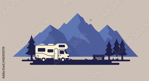 RV parked; restful scene in the mountains with pines, bench, sky, for blog header