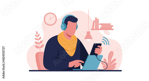 Person working from home with laptop and phone, perfect for remote work, freelance, or technology blogs.
