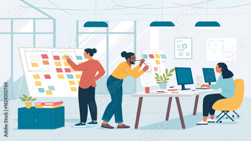 Diverse team collaborating on a project in a modern office, perfect for illustrating teamwork and innovation in business brochures or websites.