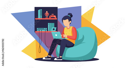 Young woman using laptop in beanbag chair, perfect for blog post or website banner about gaming, technology or leisure.