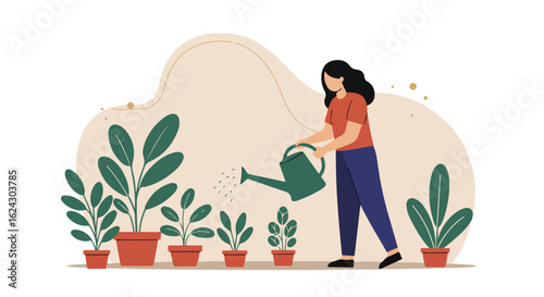 Woman Watering Potted Plants in a Minimalist Room Illustration