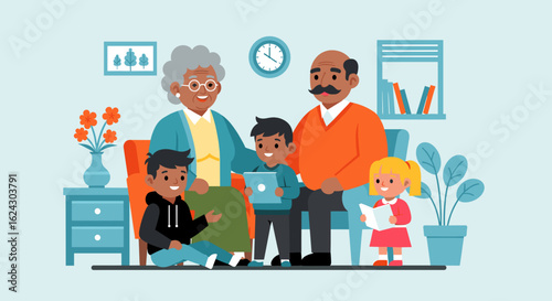 Happy multigenerational family spending time together at home, perfect for family blogs and websites.