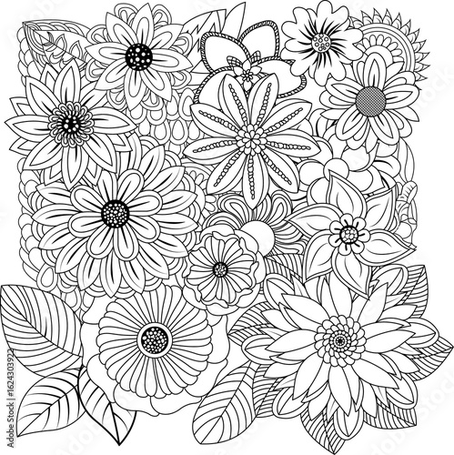 Wallpaper Mural Detailed black and white line drawing of a dense floral arrangement of various flowers Torontodigital.ca