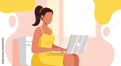Woman working on laptop while sitting on toilet, illustration for blog post or social media.