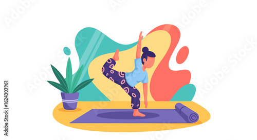 Woman practicing yoga at home, perfect for wellness websites or fitness brochures.