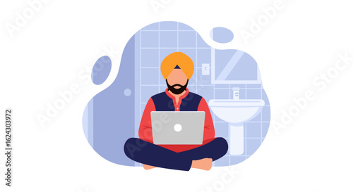 Man in turban working on laptop in bathroom, perfect for remote work, diversity, and cultural inclusion illustrations.