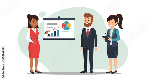 Businesspeople reviewing a presentation with graphs and charts, ideal for presentations, reports, and websites.