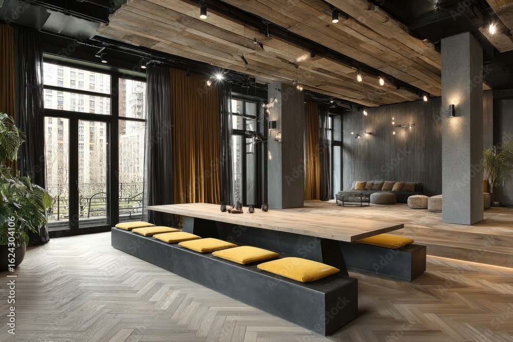 Naklejka premium Open-plan, modern space with wooden ceiling beams, large table, and mustard-yellow accents