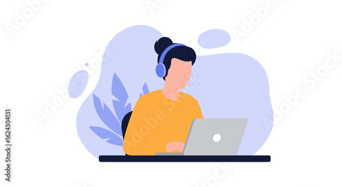 Person working on laptop with headphones.  Perfect for website banners, blog posts, and online articles about remote work, communication, or technology.