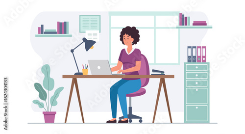 Woman working on laptop at home office, perfect for blog posts about remote work or productivity.
