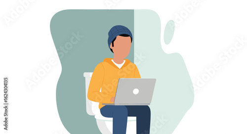 Illustration of a person working on a laptop while sitting on a toilet - perfect for articles about remote work, work-life balance, or humor.