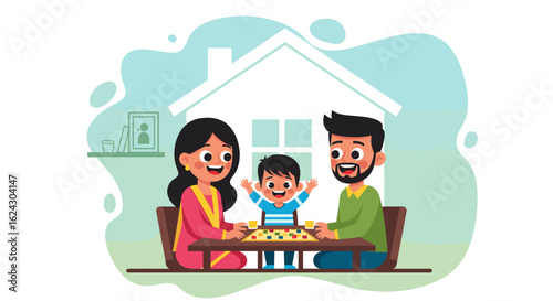 Happy family playing board games at home, perfect for family blogs or websites promoting family togetherness.
