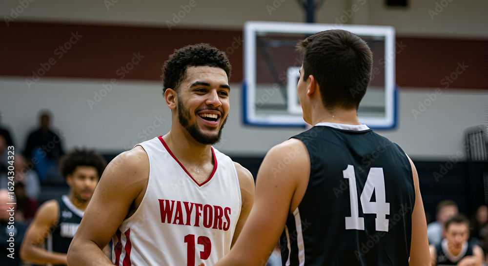 Fototapeta premium Two basketball players, smiling and interacting