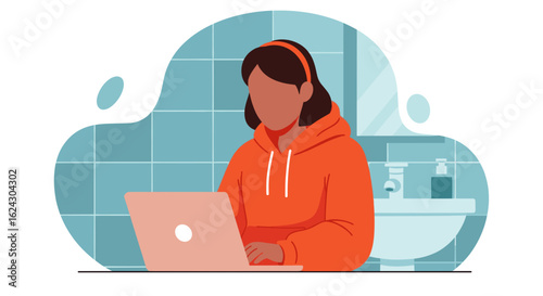 Woman working on laptop in bathroom, perfect for blog post about work-life balance or remote work.