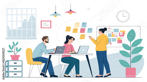 Teamwork Illustration: Diverse colleagues collaborating on a project using laptops and a whiteboard. Ideal for website banners, presentations, and marketing materials.