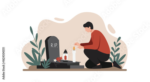 Man lights candle at gravestone in cemetery with plants. Bereavement concept