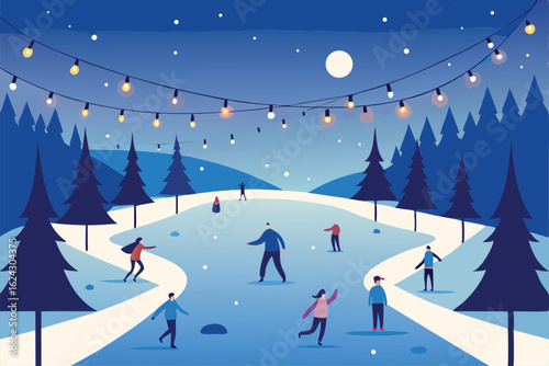 winter wonderland scene with ice skating on a fro.eps