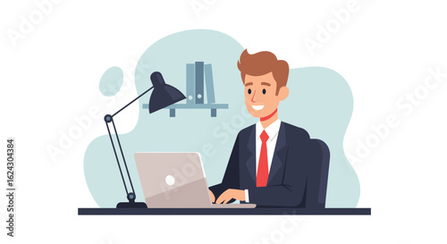 Happy businessman working on laptop in office, perfect for website banners or business presentations.