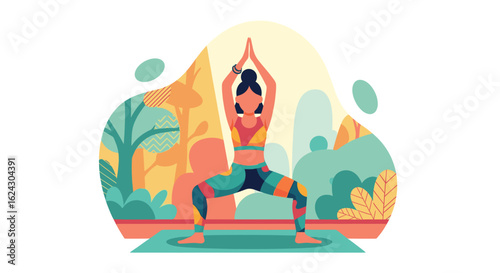 Woman practicing yoga outdoors. Colorful illustration perfect for wellness websites, brochures, and social media.