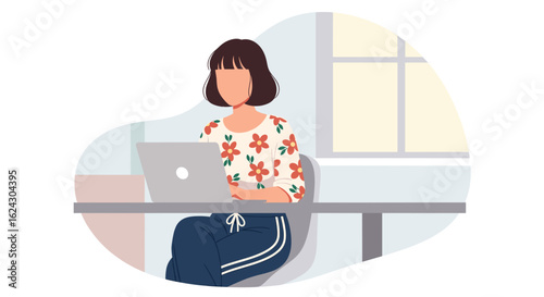 Woman working on laptop at home, perfect for remote work, freelance, or online business websites and articles.