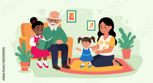 Happy multigenerational family reading a book together. Perfect for family blogs, children's book websites, or family-themed articles.