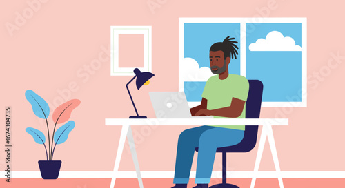 Man working on laptop at home office, perfect for blog post or website banner.