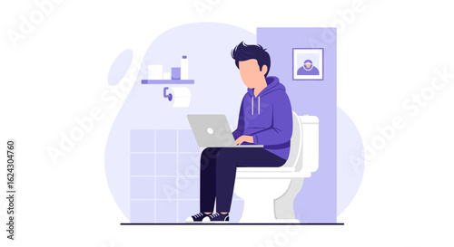 Man working on laptop while sitting on toilet - Illustration for blog, website or social media.