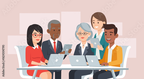 Diverse team of professionals collaborating on laptops and tablets, ideal for website landing pages or business brochures.