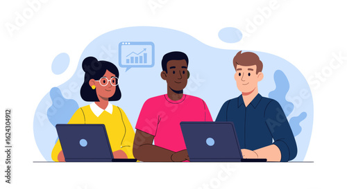 Diverse team collaborating on laptops, analyzing data and achieving business growth. Ideal for websites, presentations, and reports.