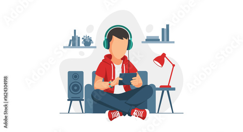 Young man relaxing at home, listening to music and using a tablet - perfect for blog posts about leisure time.